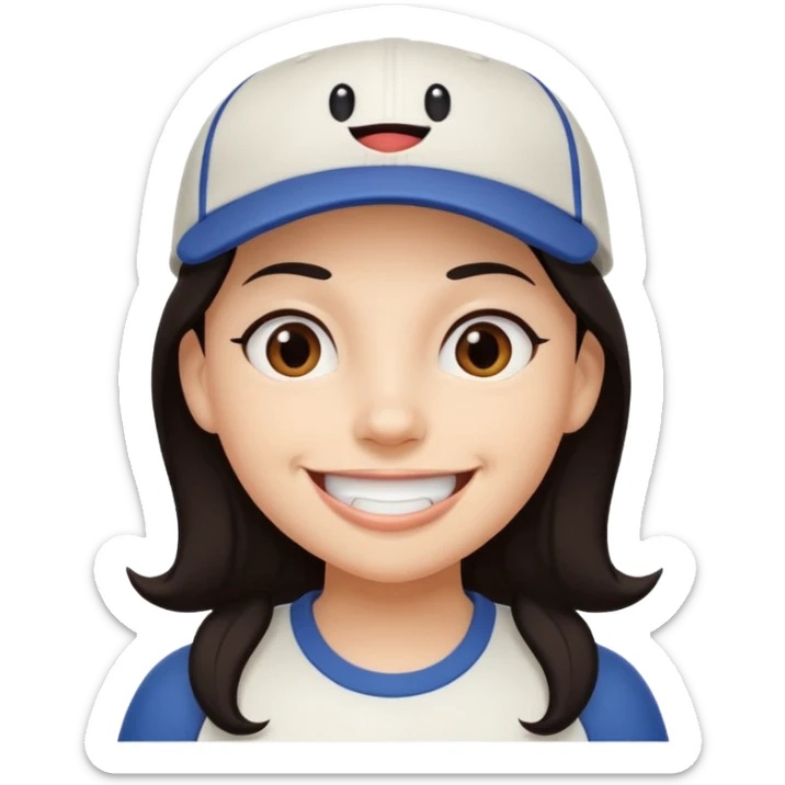 Digital illustration of a cartoon character with a big smile on its face. The character has dark hair and is wearing a white baseball cap. The overall style of the illustration is cute and playful. sticker