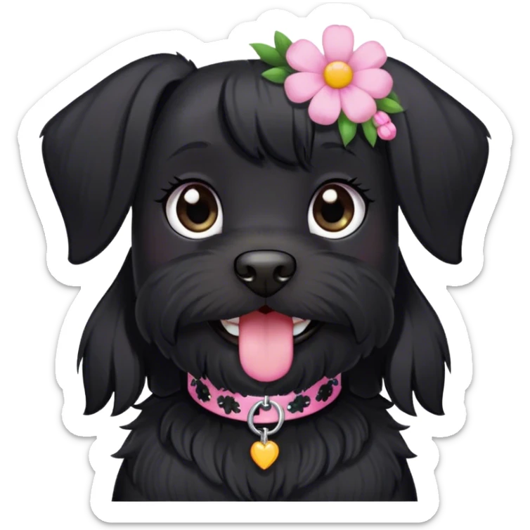 pale girl smiling with light eyes and long black hair wearing black shirt on and smiling black schnauzer with pink flower collar sticker