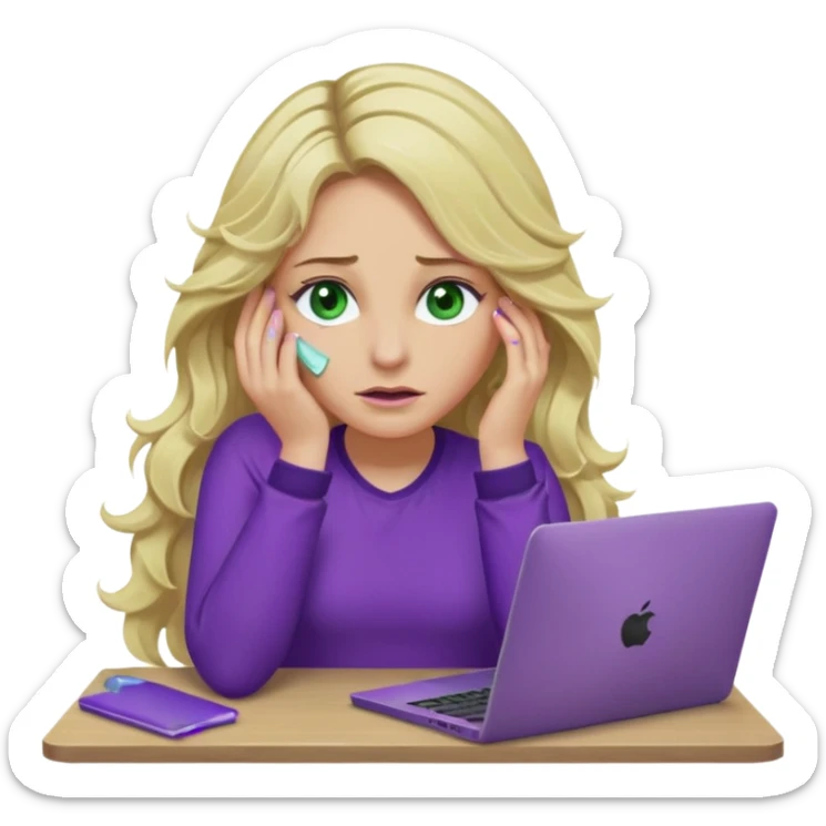 lady with long wavy blonde hair, purple top, green eyes, elbow on desk with hand on face, with a purple mac laptop tears rolling down her face as poorly sticker