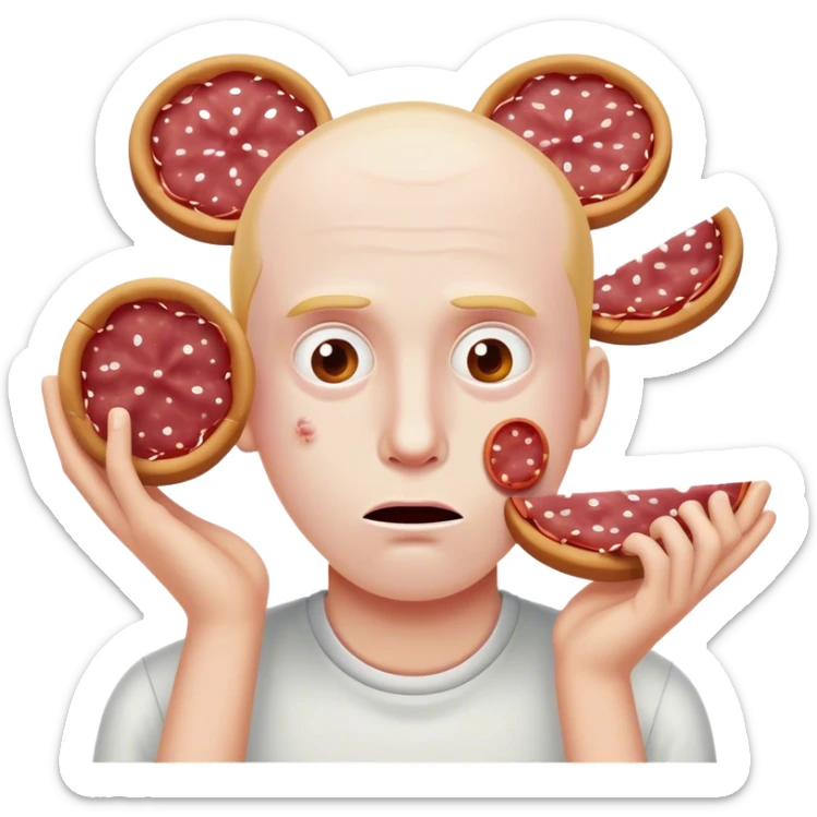 a stunned face emoji with salami slices covering the eyes sticker