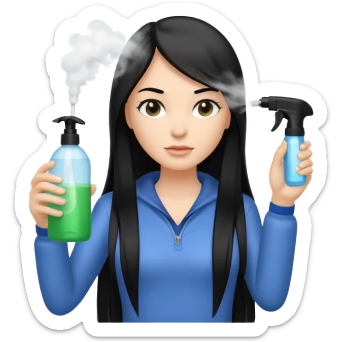 A white woman with long, straight black hair, holding a spray bottle in one hand and misting it toward her hair. sticker
