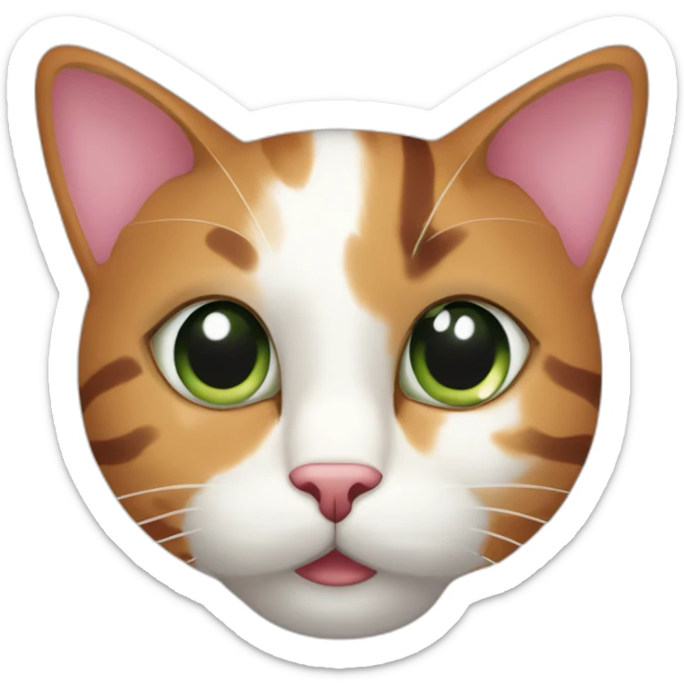 young striped calico cat face with a pink nose, white chin, green eyes, and orange/brown markings sticker
