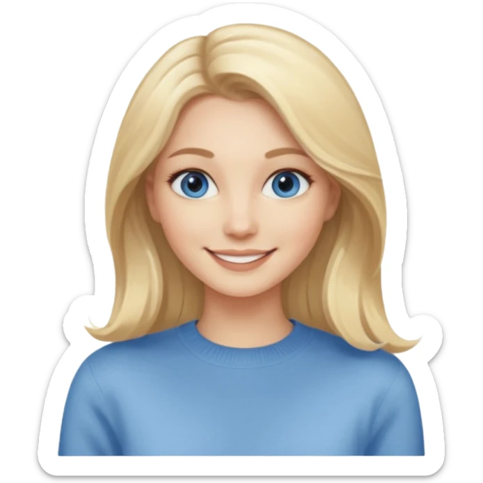 hyper realistic glamourous pale woman, Long blonde balayage hair, smiling, beige sweater & blue eyes sticker