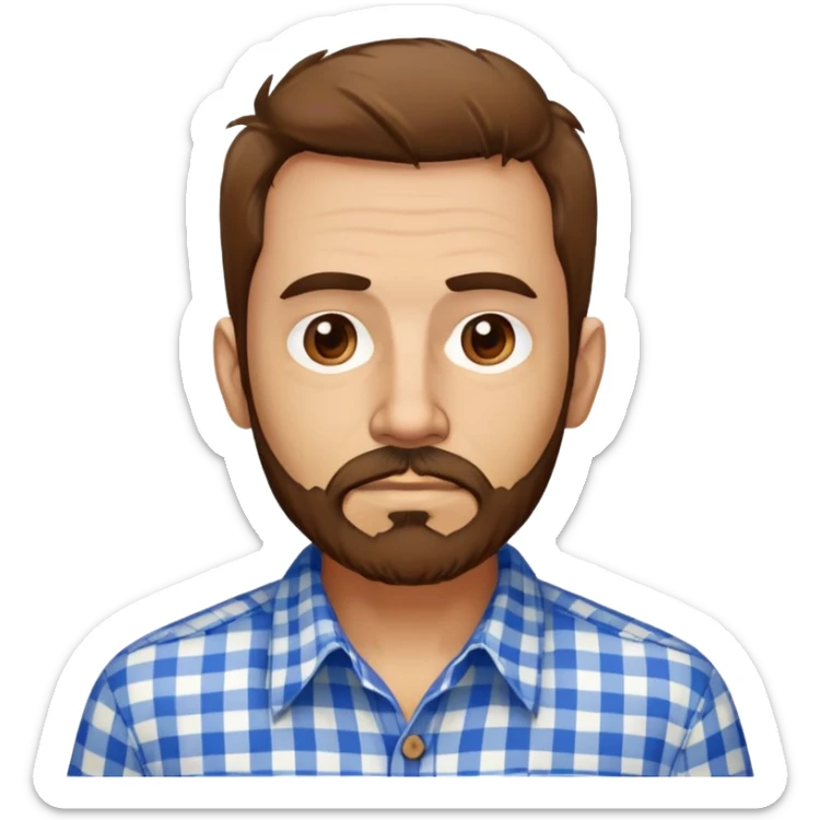 Skinny Puerto Rican man in his mid-50s with light skin. Thin face with defined features. Messy, disheveled brown hair. Untidy brown beard. Wearing a blue and white checkered button-up shirt that looks loose on his slim frame. sticker