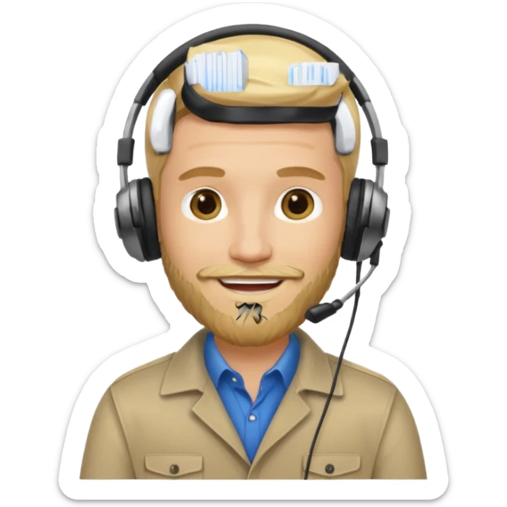 a sales agent with headphones and beard blonde hair smile sticker