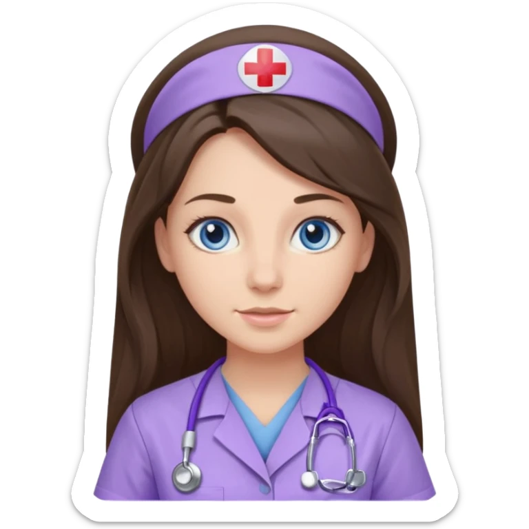 pretty brunette nurse with long hair and blue eyes in lilac scrubs sticker