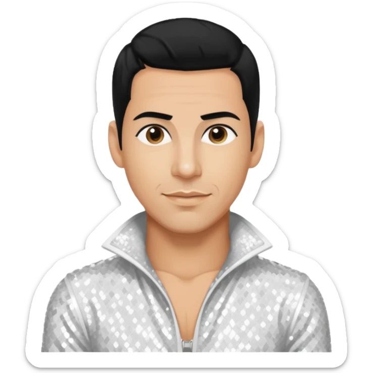 Danny Wood from NKOTB with black hair, white sequin outfit, light tan skin sticker