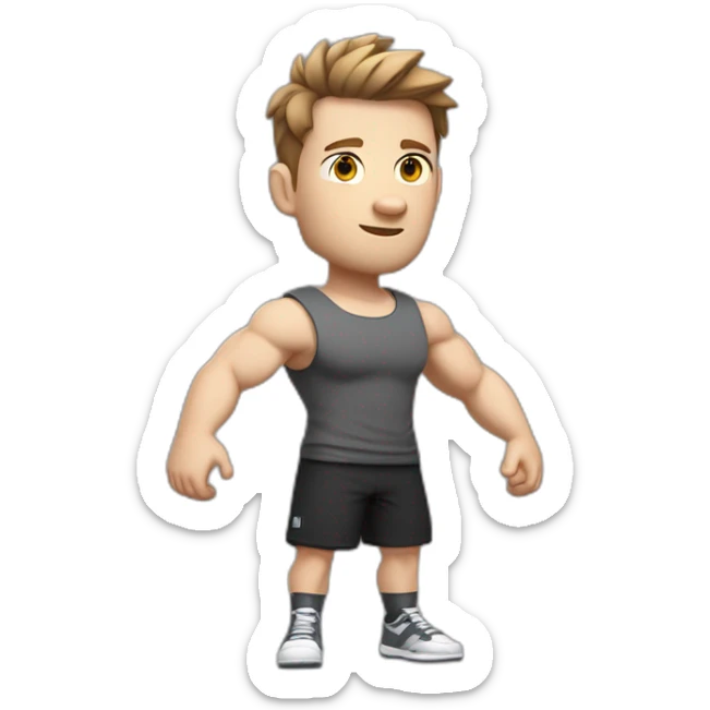 Full height Pale skinned fit man With biceps and brown Short Tousled hair In dark gray sleeveless mike, black oversize sports shorts, watch and white sneakers. his arms crossed over his chest sticker