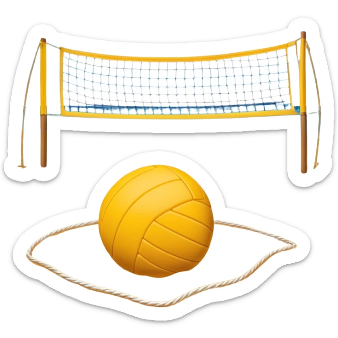 The scene captures the relaxed yet competitive vibe of beach volleyball, with warm sunlight and the natural beauty of the beach. A volleyball resting on the yellow sand on a beach, with the net in the background and a scenic view of the ocean and sky.  sticker