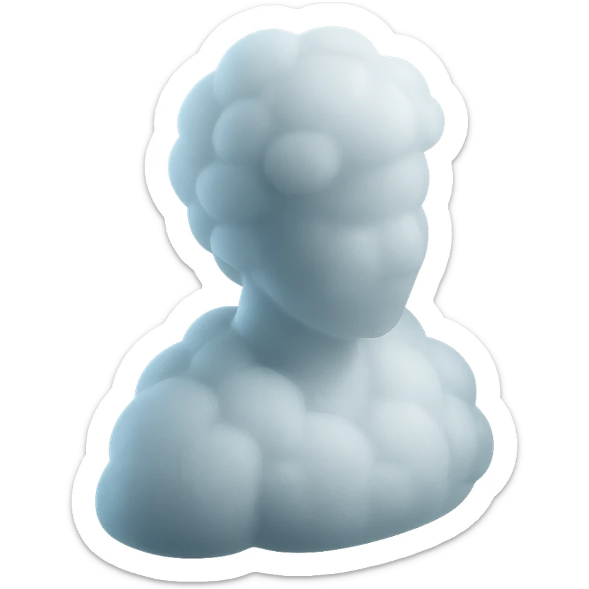 A person from the shoulders up, entirely composed of white fluffy, convex clouds sticker