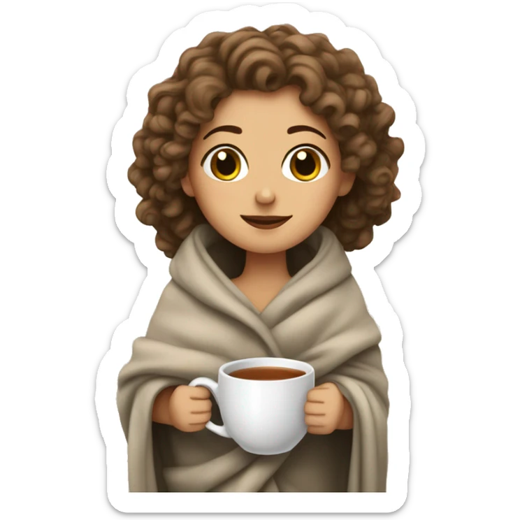 a white girl with curly hair wrapped in a blanket with a cup of tea sticker