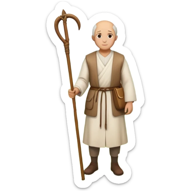 An emoji-style depiction of a shepherd. A person wearing simple, traditional clothing, holding a wooden staff (crook), standing near sheep or leading them. Often outdoors, in a field or hillside setting, symbolizing care, guidance, and rural life sticker