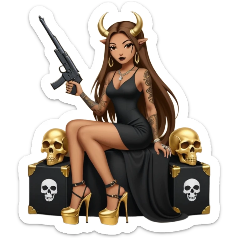 Sensual woman long brown straight haired sexy drug lord woman with tattoos on arm sleeves and black thick butt platform high heels on her feet, and devil black horns on her head, she is holding a skull head and a gun. Sitting on gold cases full of gold , long black dress with sexy slit sticker