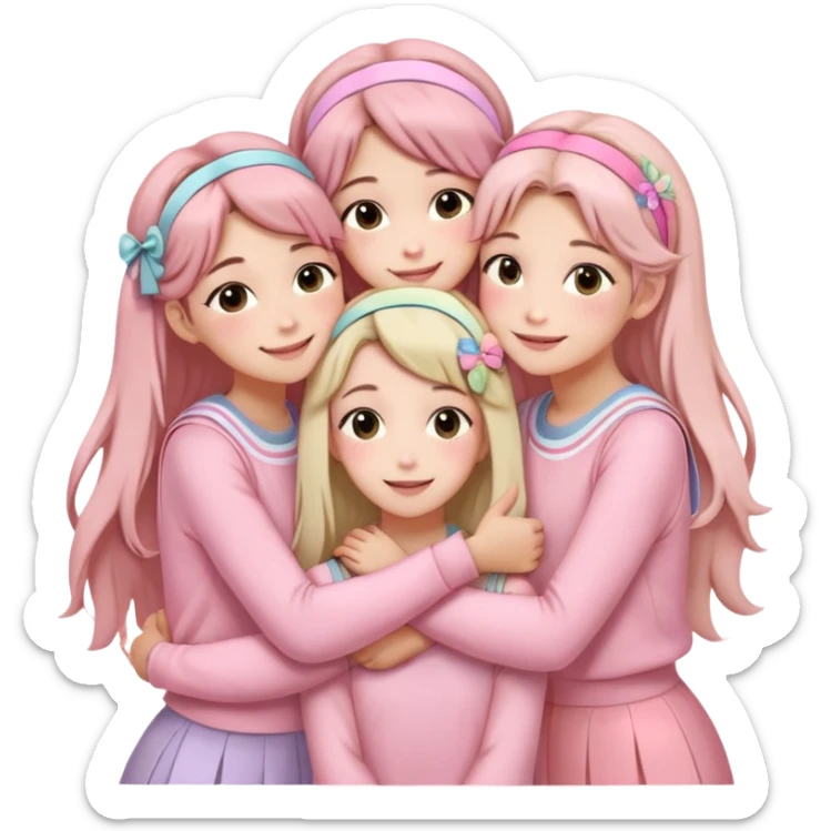 Four girls hugging each other, all wearing soft pink clothes, two with long hair and two with shoulder-length short hair, smiling, with hair accessories like headbands or ribbons, pastel color palette, soft shading, make someone pose with two fingers and someone kisses his cheek sticker