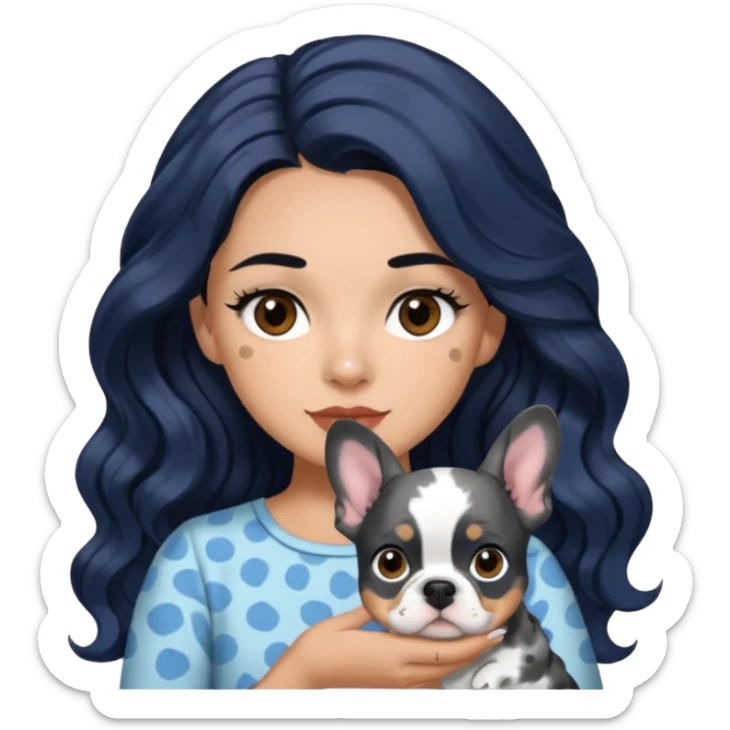 woman with olive skin, brown eyes and long lashes, and long black wavy hair with holding a blue spotted Merle frenchie sticker