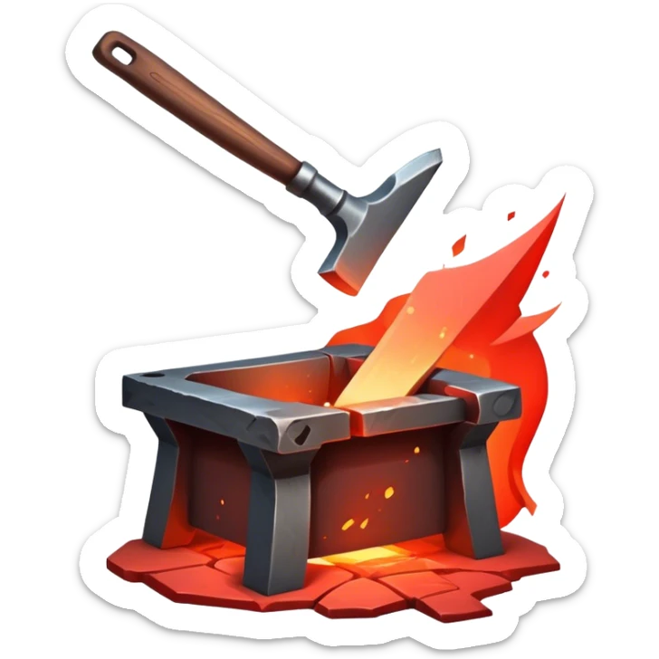 Blacksmithing icon, forged metal piece being shaped with hammer and anvil, glowing red-hot metal, blacksmith tools like tongs and chisel, sparks flying, minimalistic style, clean lines, transparent background. sticker