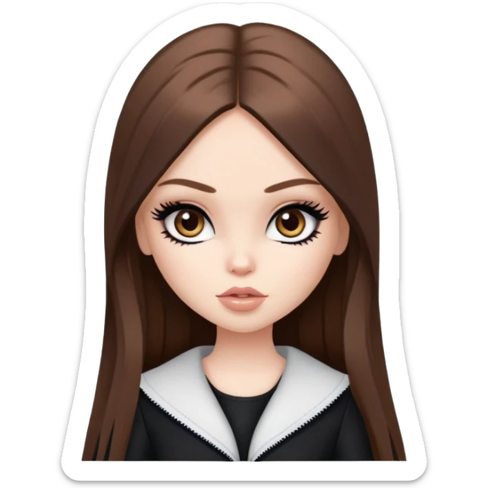pretty bratz girl, long straight brown hair, brown eyes, black eyeliner, pale skin, black clothes sticker