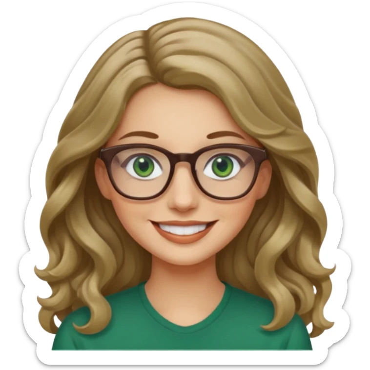 long wavy dark blonde hair woman with green eyes and glasses smiling sticker