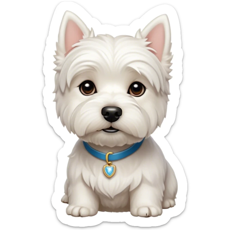 Cinematic Noble West Highland White Terrier Portrait Emoji, Poised and regal, with a compact, sturdy build and a pristine, well-groomed pure white coat, deep-set soulful dark eyes, Simplified yet sharp and sophisticated features, highly detailed, glowing with a soft, dignified glow, high shine, intelligent and loyal, stylized with an air of confidence, focused and attentive, soft glowing outline, capturing the essence of a watchful and determined companion, so majestic it feels as though it could trot out of the screen with effortless authority! sticker