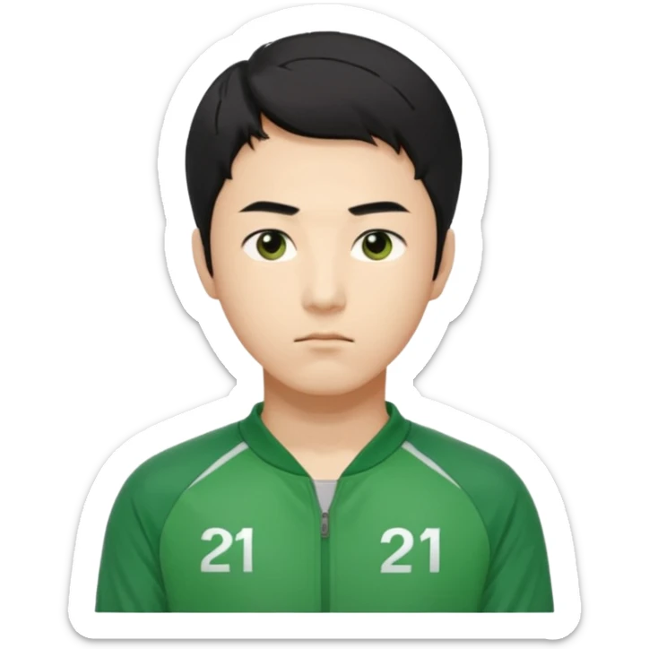 "Illustrate Cho Sang-woo (Player 218), Korean male, neat black hair, serious face, green tracksuit with number 218 bold on chest & sleeve.. sticker
