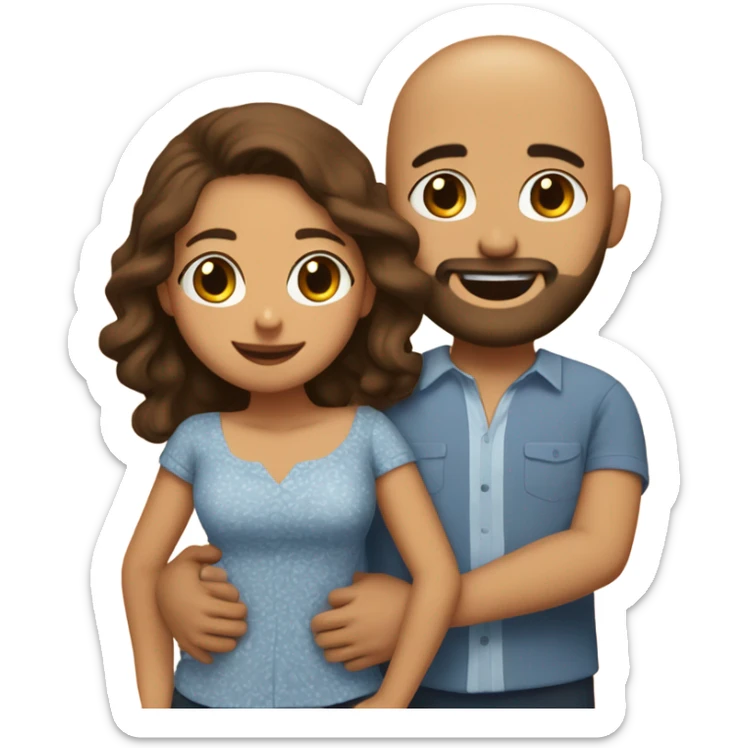 Brown-haired Puerto Rican woman with dark brown eyes wearing a cute blouse giving comforting hug to short, bald man with brown eyes, laugh lines, and a beard sticker