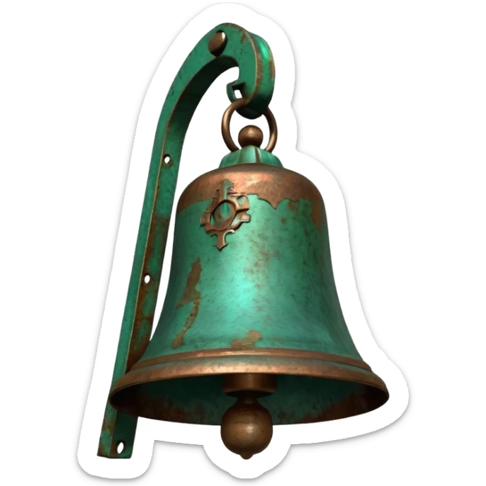 3D render of Church Bell, heavily oxidized copper texture, verdigris patina, Green weathered metal surface, weathered bronze aesthetic, ancient decay, emoji style, isolated on white background --v 6.0. sticker