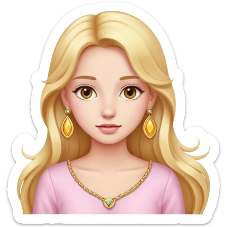 A beautiful girl wearing light pink clothes, long golden hair, earrings sticker