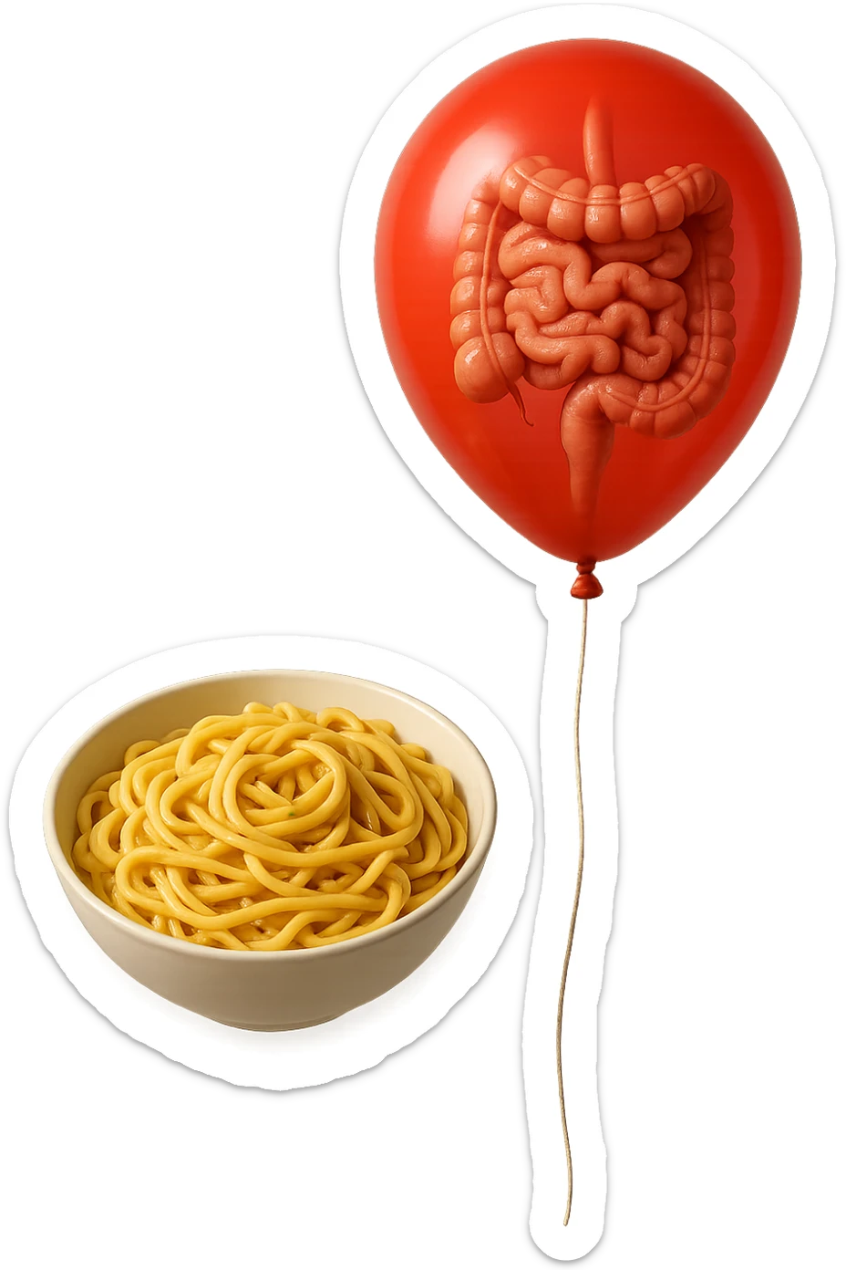 bowl di pasta fluttua in aria insieme ad un palloncino rosso con all'interno un intestino umano anatomico realistico, iperrealistico 4k sticker