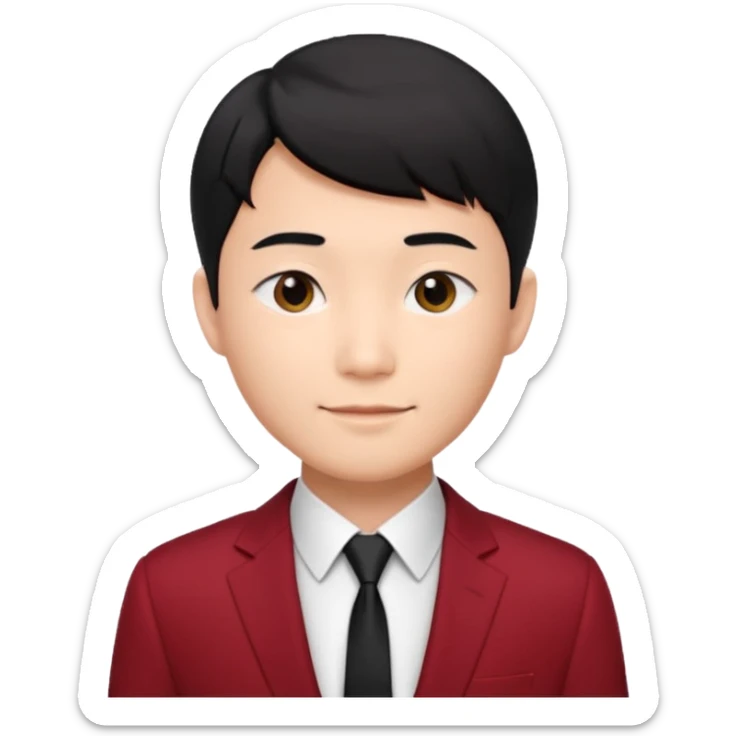 handsome Asian man emoji, short black hair with soft fringe, clean and elegant look, fair skin, gentle smile, wearing dark red suit and white shirt sticker