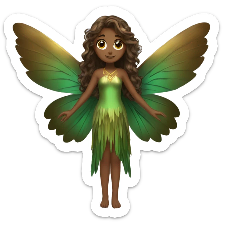 big wings, Beautiful, fairy, gold, brown, dark green, green, long hair sticker