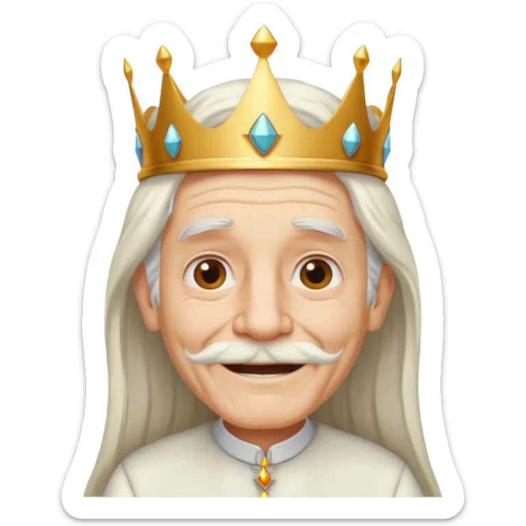 a smiling old man with long white hair and has no beard wearing a white smart shirt and a crown sticker