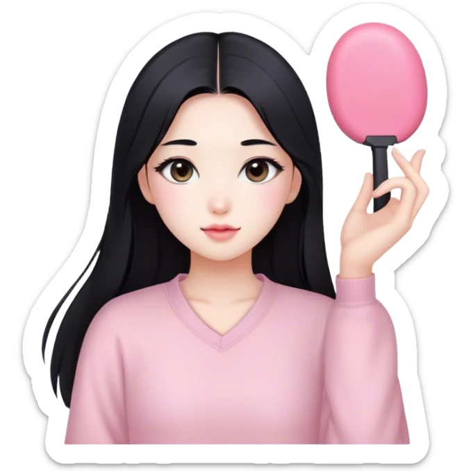 soft pink beauty vlogger girl fair skin with long straight hair. natural makeup like korean girls, black hair sticker
