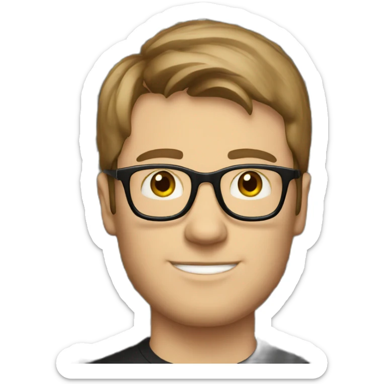 white guy short brown hair wearing glasses and dark t-shirt with flowers print sticker