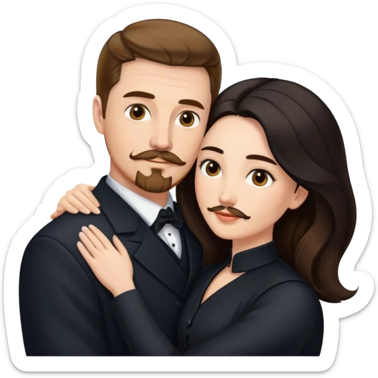married couple, tall white man with brown hair goatee mustache embracing a pale woman with long black hair, wearing elegant clothing sticker
