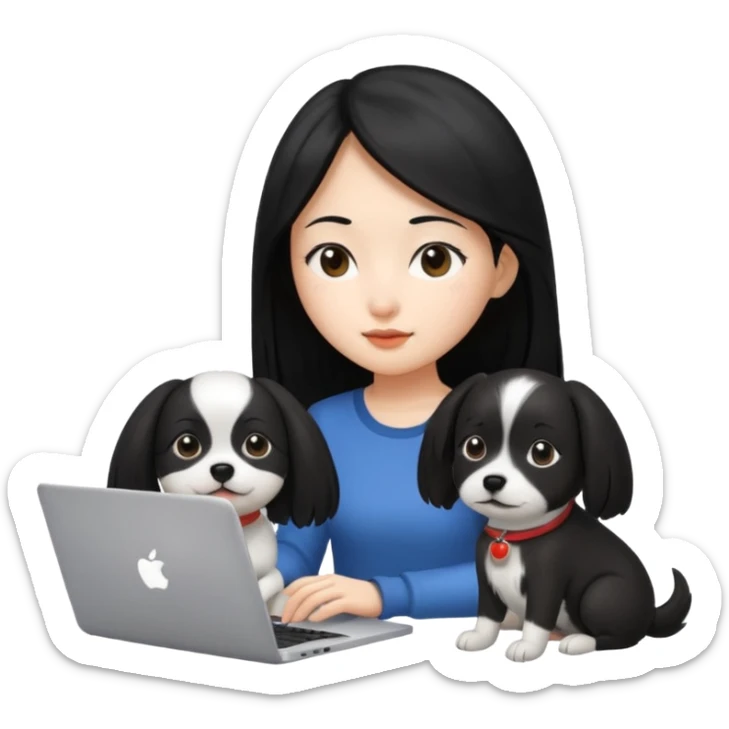 Asian girl with long black hair working on an Apple laptop, next to her is a small black and white dog sticker