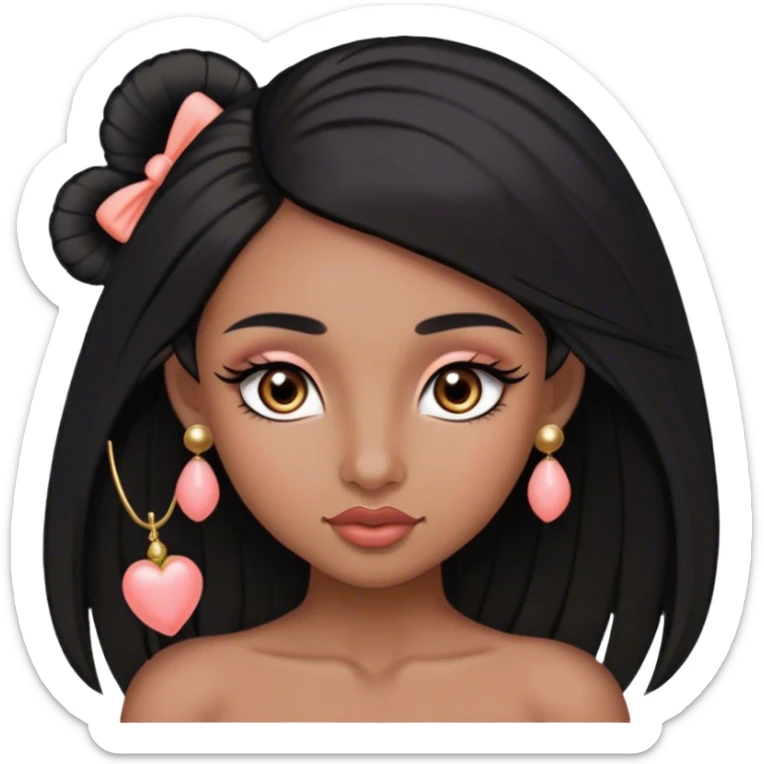 Pelo negro largo lacio hacia el frente,tes morena oscura, cejas pronunciadas, ojos grandes con pestañas largas color marrón oscuro los ojos, nariz pequeña, labios grandes con arco de cupido color coral claro, orejas pequeñas y con pantallas pequeñas de bolita color oro sticker