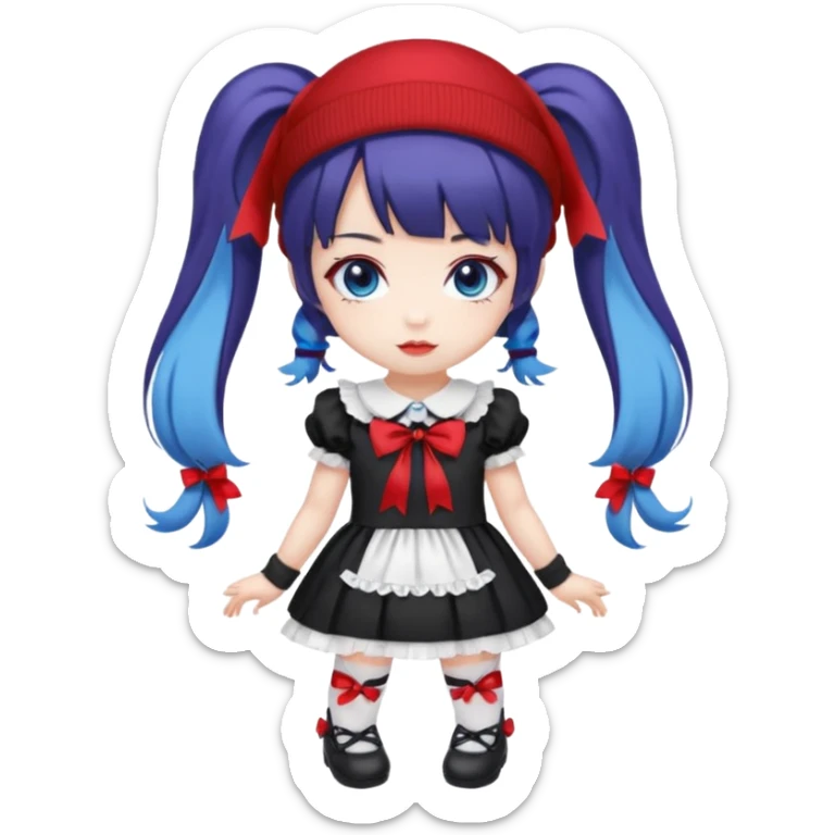 Chibi kawaii girl, violet eyes, black-blue twin tails, red ribbons, red beanie, black & white lolita dress with red accents, white thigh-highs, black mary janes, cute aesthetic. sticker