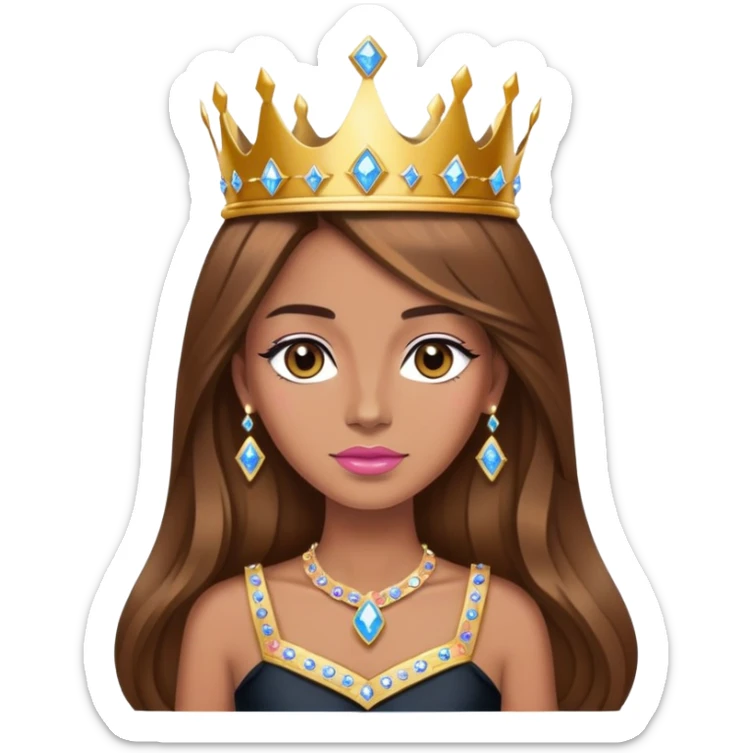 Queen, brown long hair, golden crown encrusted with pink and blue diamonds, black dress sticker