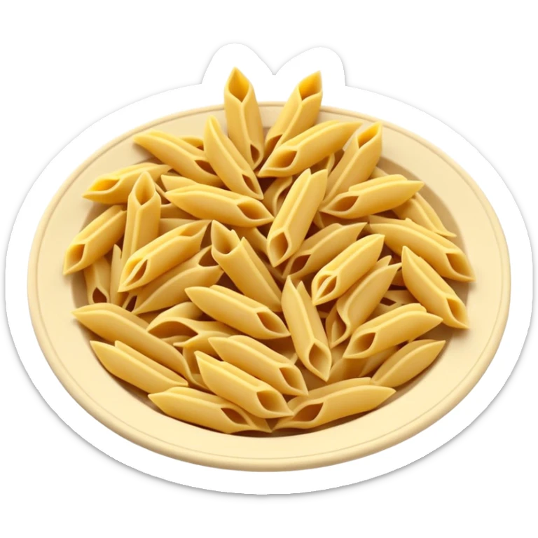 3 to 5 pieces of uncooked pasta (penne, fusilli, farfalle), clean arrangement, smooth slightly matte texture, pale yellow to golden beige color, dry and clean, slightly curved or twisted, 3D-rendered, clean, soft lighting, subtle shadows, no packaging or faces, emoji scale sticker