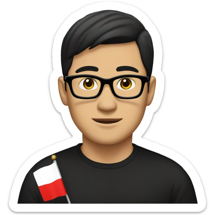 Asian male with black shirt and glasses, black hair, the flag of Sealand behind him sticker