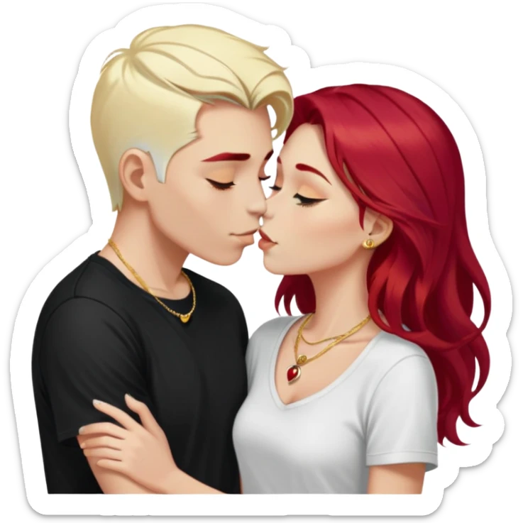 couple kissing, girl with long cherry red hair, blonde eyebrows, gold A necklace, boy with SHORT PURE WHITE HAIR (not blonde, not gray, but WHITE like snow), dark t-shirt, silver ring sticker