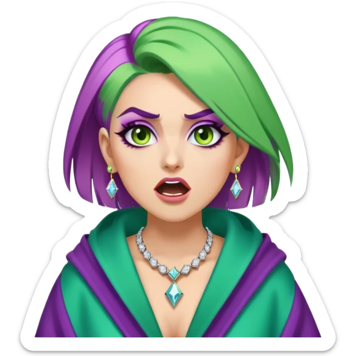 Lighter skinned woman with straight green hair and diamond hoop earrings on and purple cut crease eye makeup with brown eyebrows and a green pink blue and yellow robe on shouting angrily wearing a diamond necklace  sticker