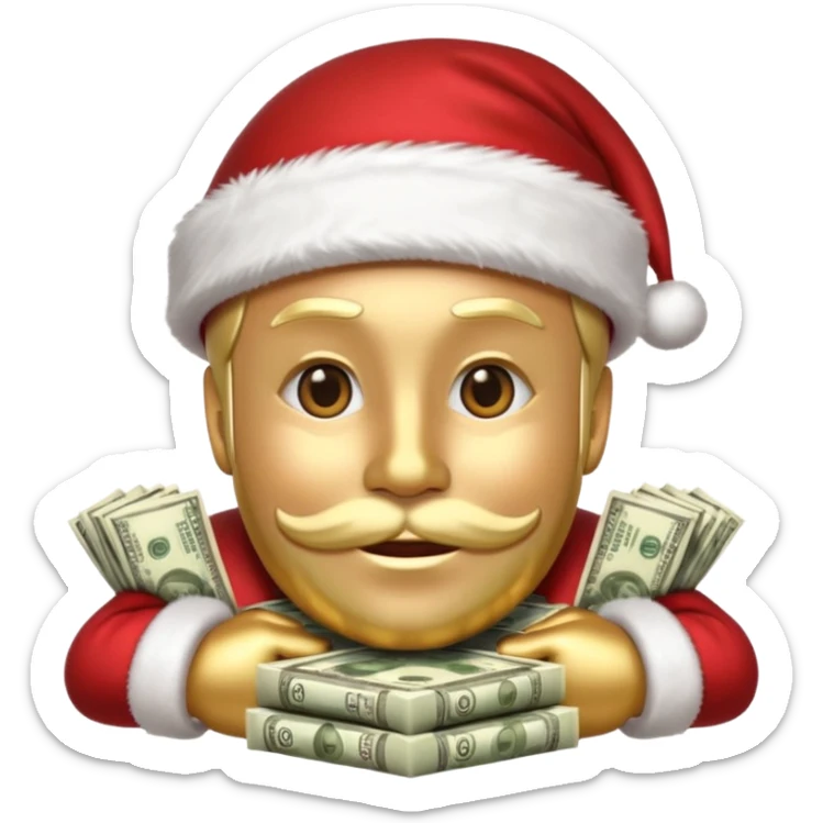 A confident rich emoji face wearing a Santa hat, money stacks, casino vibe, New Year theme, premium 3D emoji style, sharp details, no text, isolated on transparent background sticker