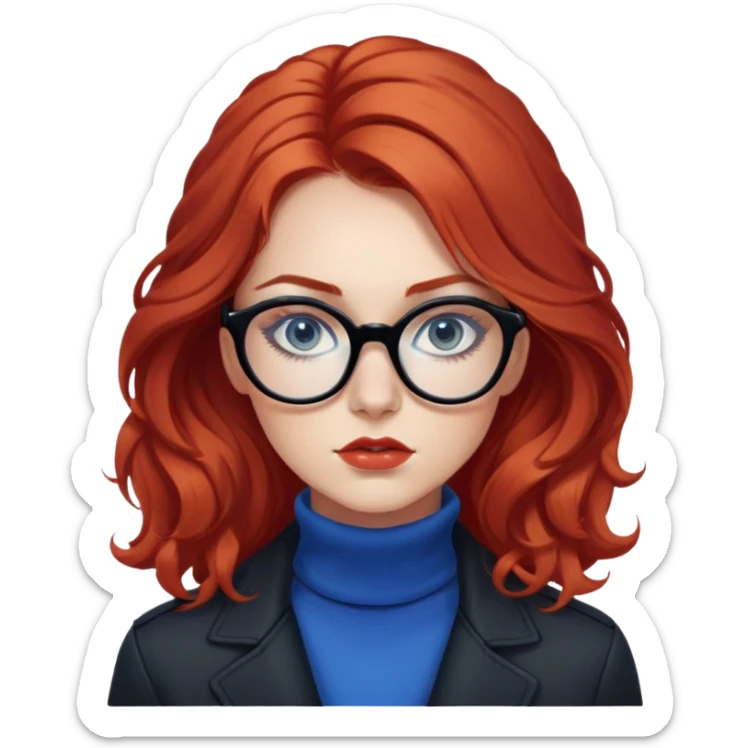 Nữ 25 tuổi, da trắng, tóc dài xoăn nhẹ màu đỏ, gọng kính màu đen, mắt kính màu xanh dương, mặt nghiêm túc, lông mi dài, trang điểm khá đậm, áo khoác cổ cao màu đen, áo trong màu trắng sticker