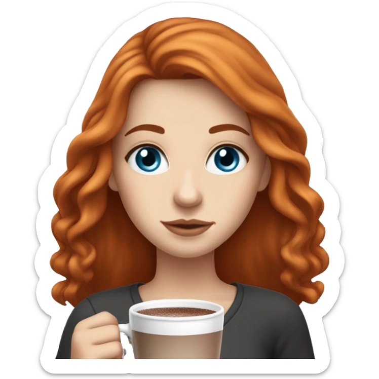 white girl with red long hair and blue eyes and a hot chocolate sticker