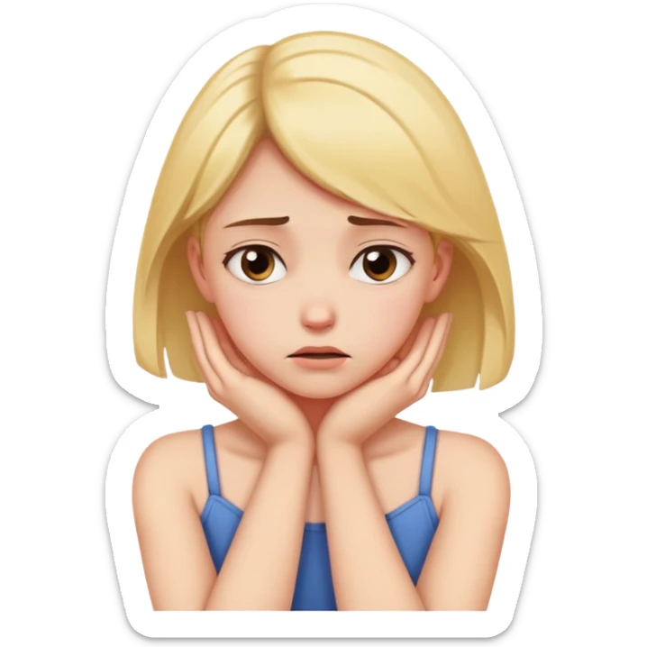 girl grabbing her neck with her hands and arms across with sad ish face  sticker