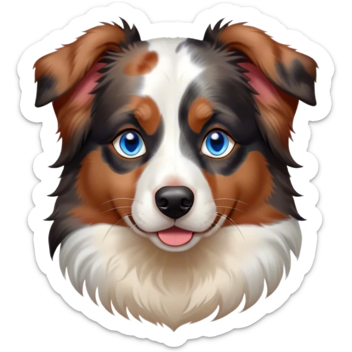 Cinematic Noble Calico Australian Shepherd Portrait Emoji, Poised and regal, with a strong, agile build and a predominantly white coat with calico merle markings of tan, black, and red, piercing blue eyes, Simplified yet sharp and sophisticated features, highly detailed, glowing with a soft, dignified glow, high shine, intelligent and loyal, stylized with an air of elegance, focused and attentive, soft glowing outline, capturing the essence of a watchful and confident herder, so majestic it feels as though it could step out of the screen with effortless authority! sticker