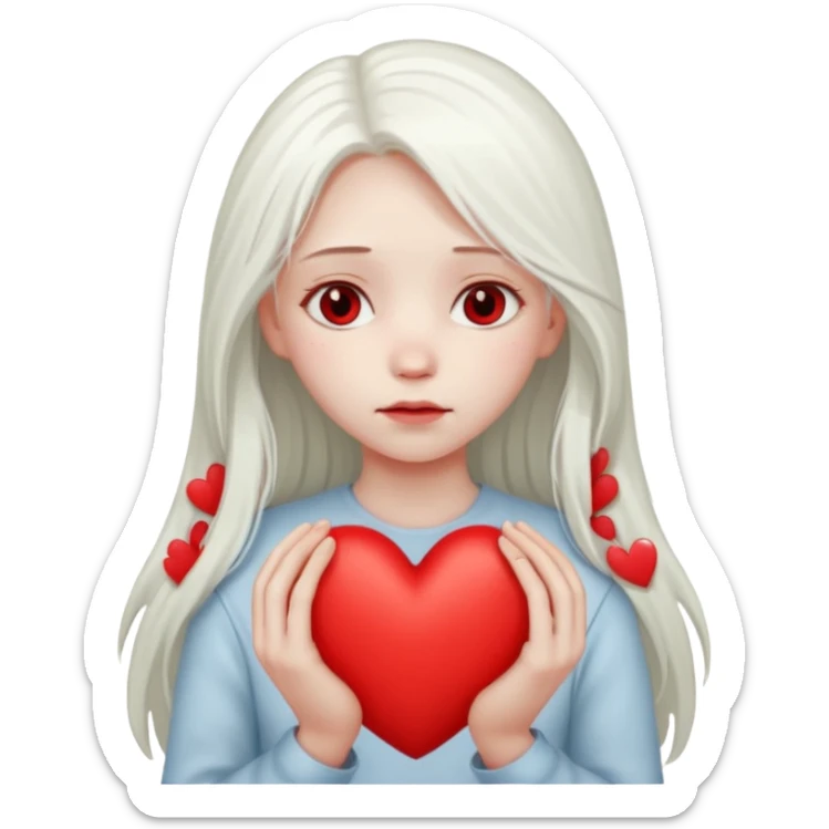 A girl with long white hair is sad and holds a red heart in her hands sticker