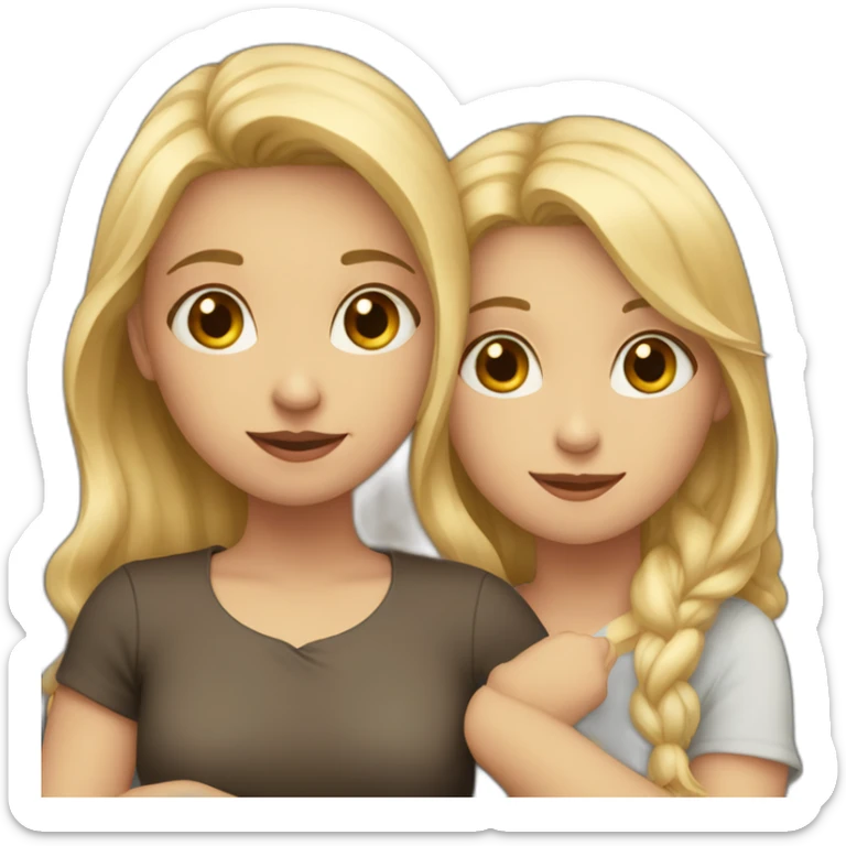 Two Girls are hugging each other. One girl has blond hair and Light eyes and the second girl has both dark hair and eyes sticker