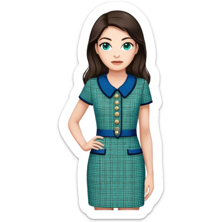 a 30 year old female venture capitalist with 50% greek and 50% american genes, 6 ft tall, long dark brown hair and blue/green eyes, wearing a chanel tweed professional dress sticker